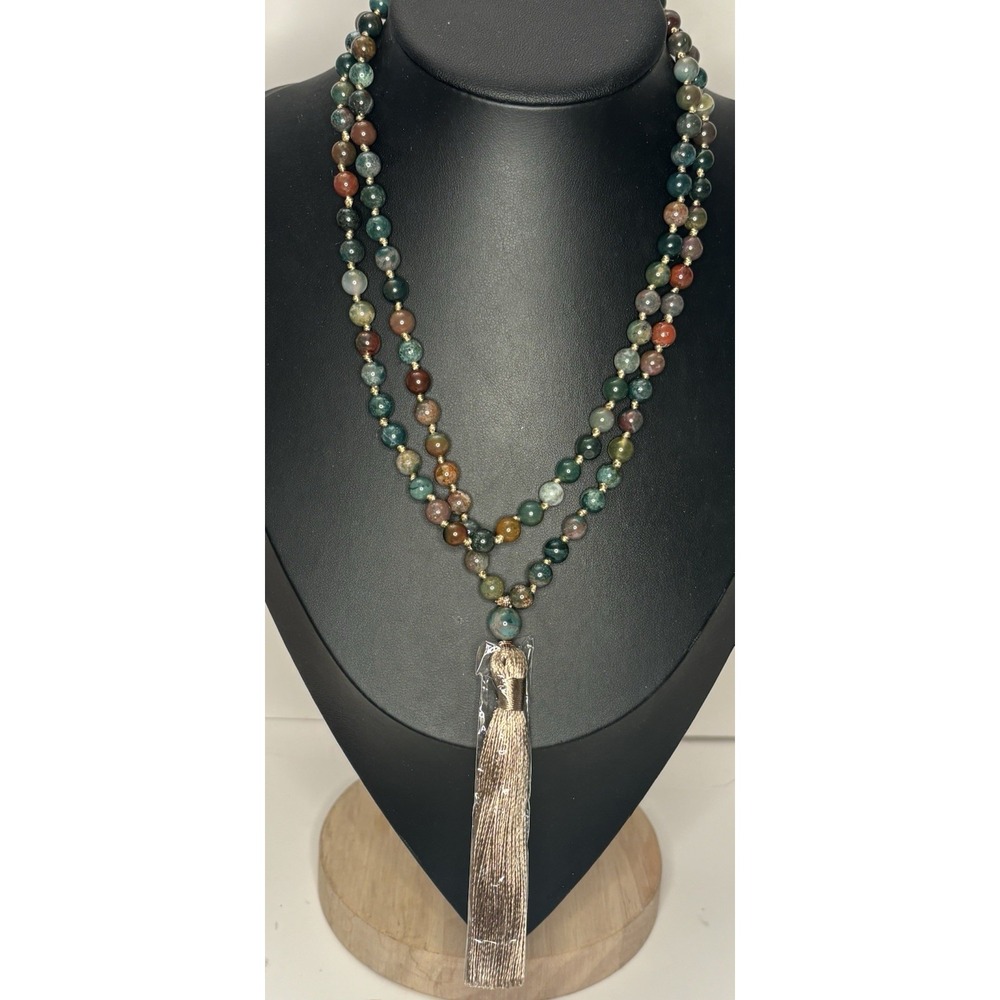 Indian Agate Stone Bead Necklace 34" Hand Knotted Long Tassel Multicolor